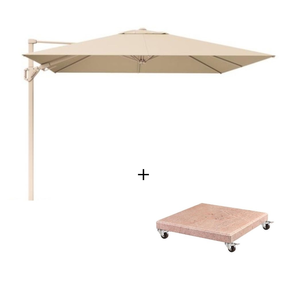 Challenger T² zweefparasol - premium doek | 300x300cm met Venezia parasolvoet 90kg | Champagne/Sandstone afbeelding
