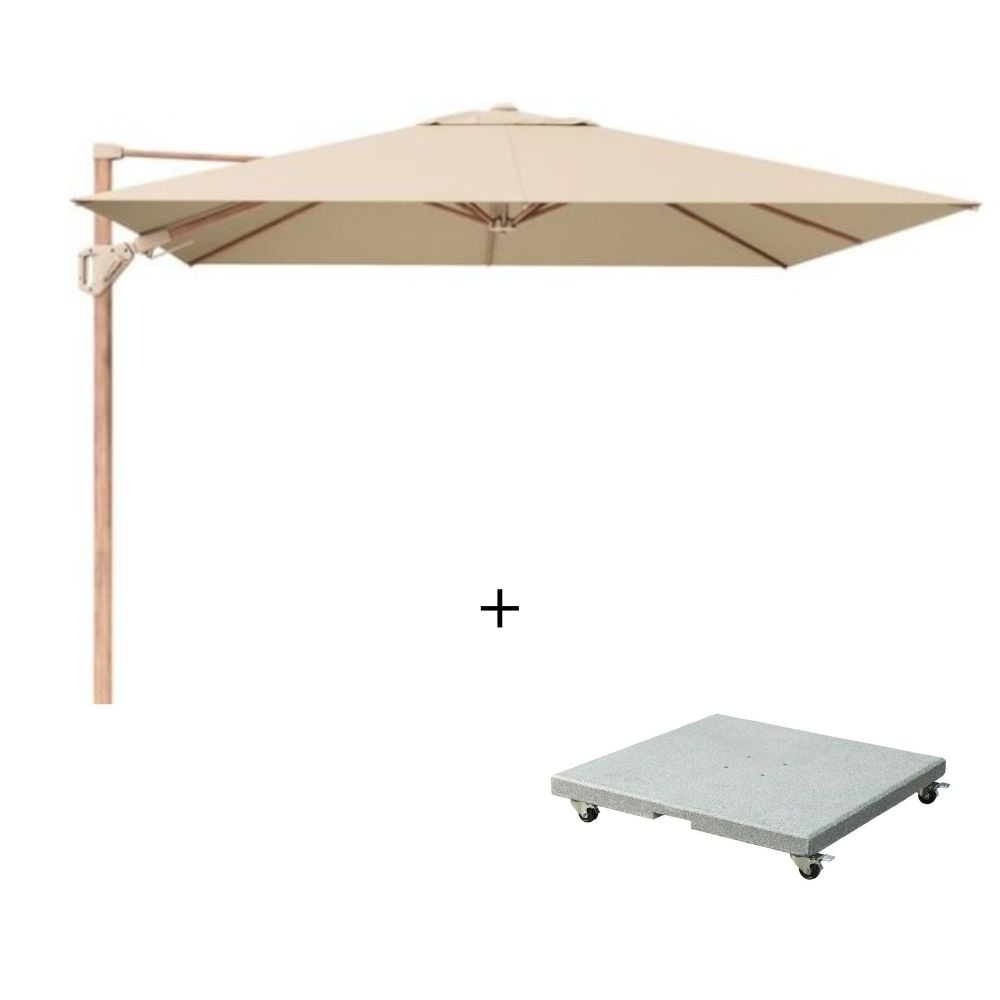 Challenger T² zweefparasol - premium doek | 300x300cm met Salerno parasolvoet 90kg | Champagne/Teak look
