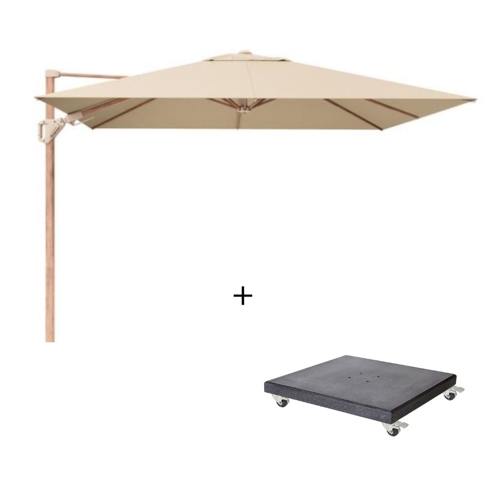 Challenger T² zweefparasol - premium doek | 300x300cm met Modena parasolvoet 90kg | Champagne/Teak look afbeelding