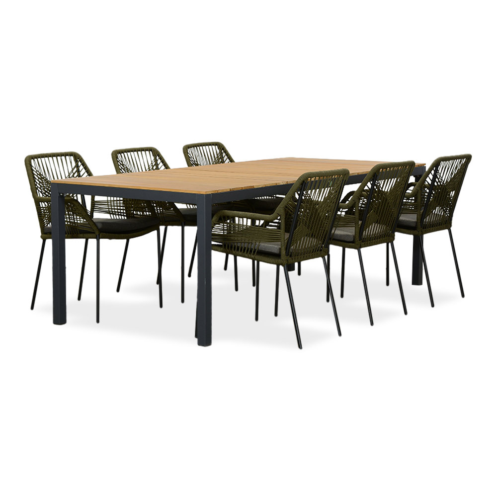 Delta/Seville olijfgroen dining tuinset | 6 personen | teakhout + aluminium | 220cm