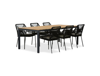 Delta/Seville zwart dining tuinset | 6 personen | teakhout + touw | 220cm