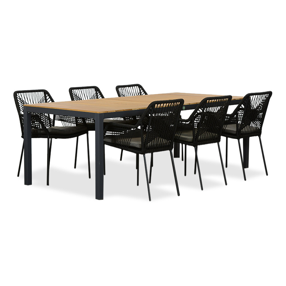Delta/Seville zwart dining tuinset | 6 personen | teakhout + touw | 220cm