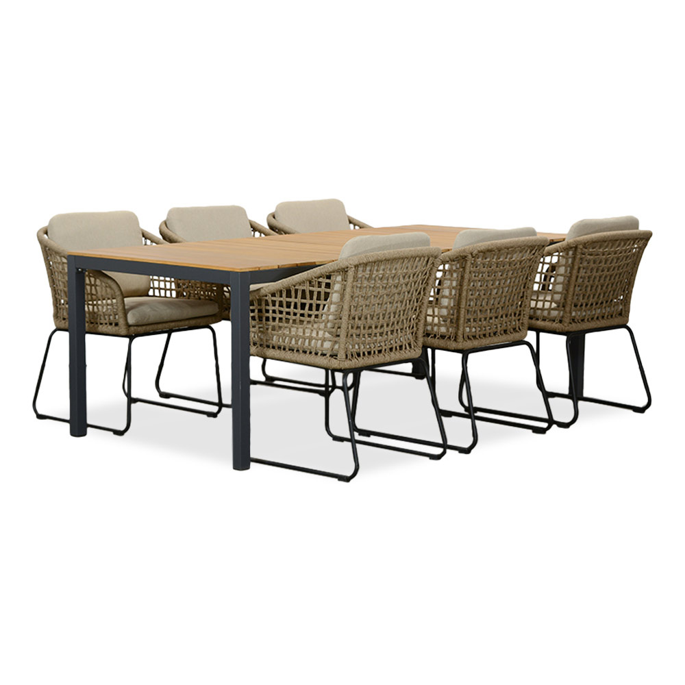 Delta/Tulum Sahara Dust dining tuinset | 6 personen | teakhout + touw | 220cm afbeelding