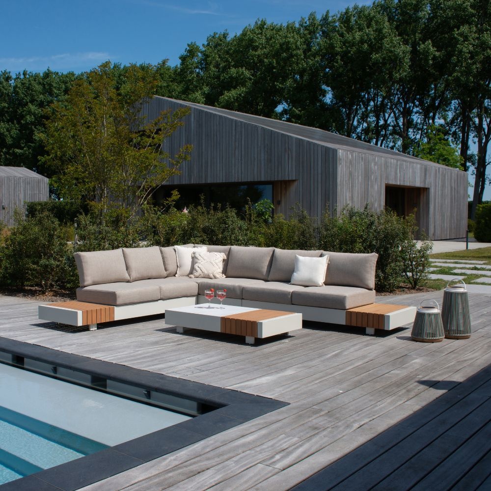 Verona hoek loungeset met all weather kussens 6 personen | aluminium + teakhout | beige | 4-delig - 339x269cm