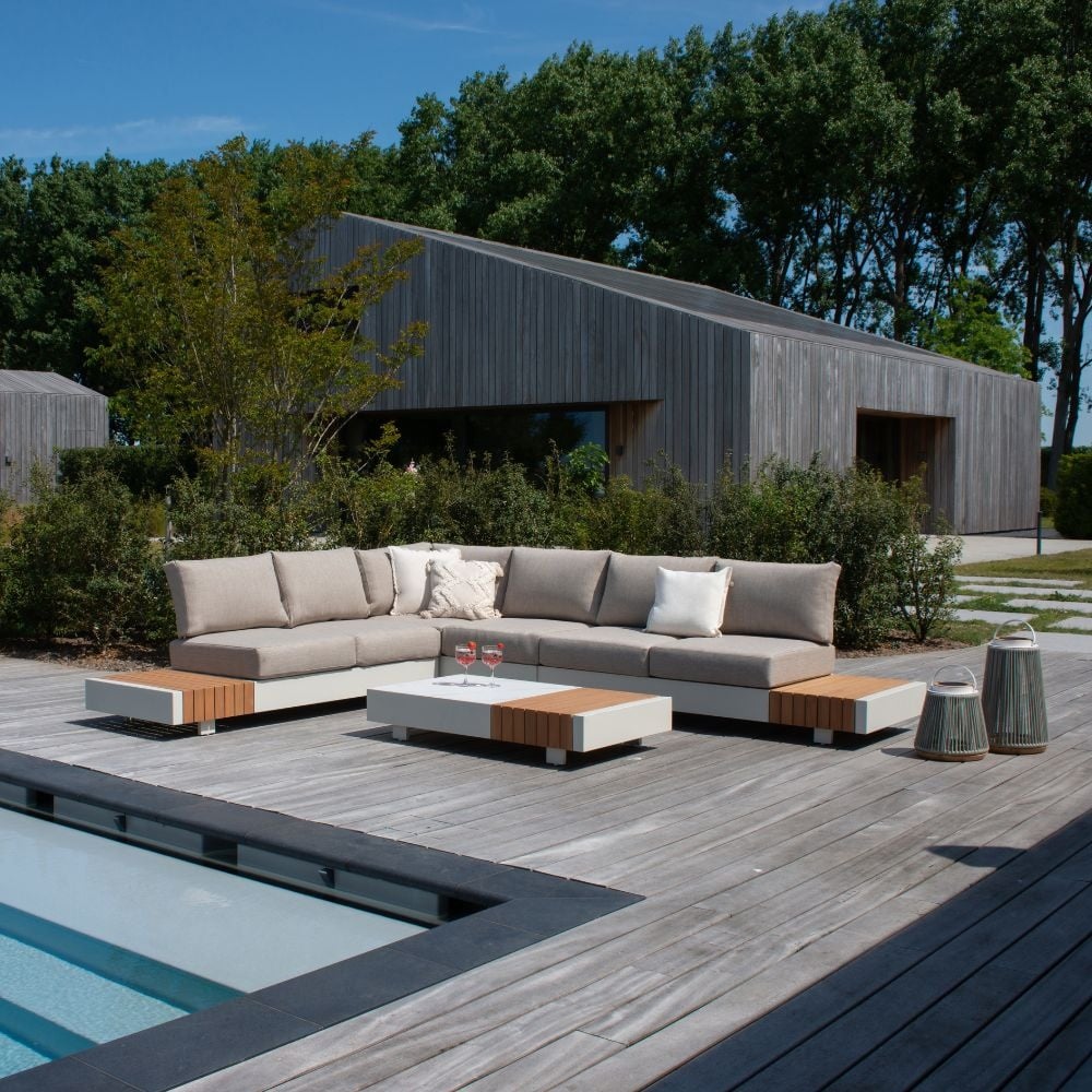 Verona hoek loungeset met all weather kussens 6 personen | aluminium + teakhout | beige | 4-delig - 345x275cm