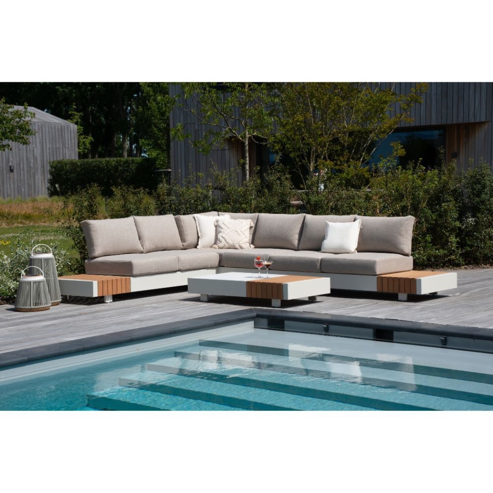 Verona hoek loungeset met all weather kussens 6 personen | aluminium + teakhout | beige | 4-delig - 345x275cm