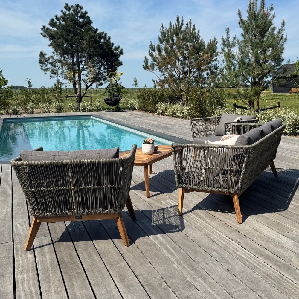 Lissabon stoel-bank loungeset 5 personen | wicker + hardhout | Misty Grey | 4-delig