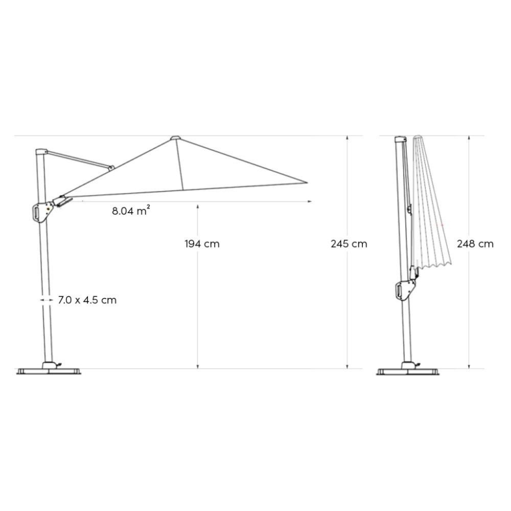 Voyager T² zweefparasol - premium doek | 270x270cm met Modena parasolvoet 90kg | Manhattan