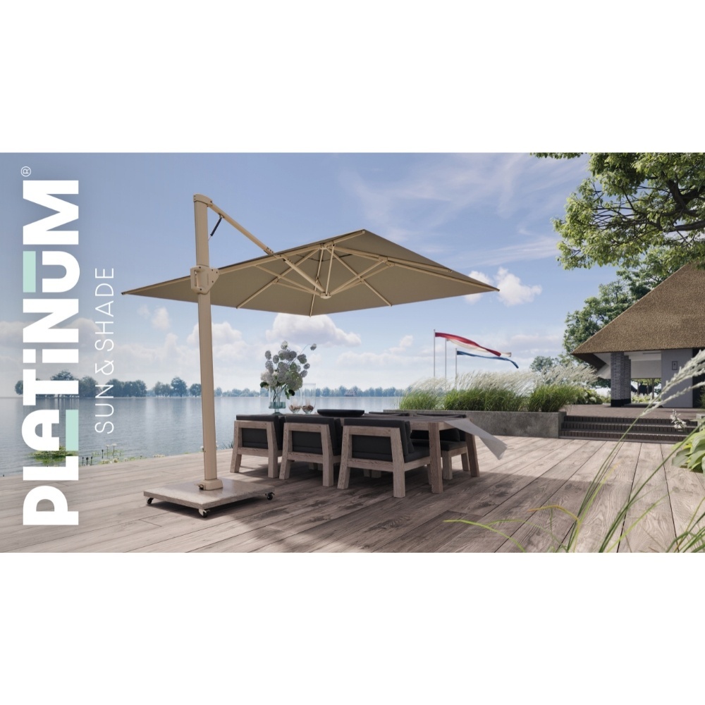 Beaufort zweefparasol - premium doek | 320x320cm met Venezia parasolvoet 120kg | Champagne/Sandstone