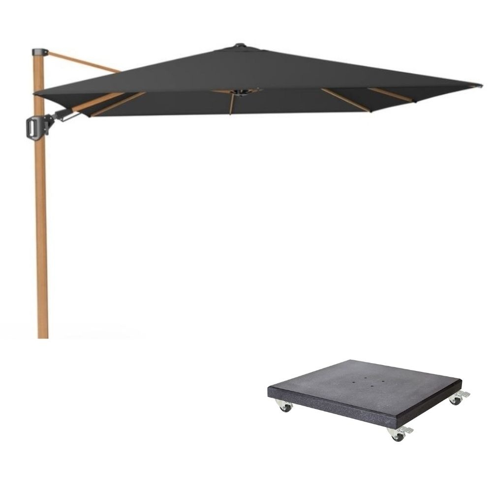 Challenger T² zweefparasol - premium doek | 300x300cm met Modena parasolvoet 90kg | Faded Black/Teak look