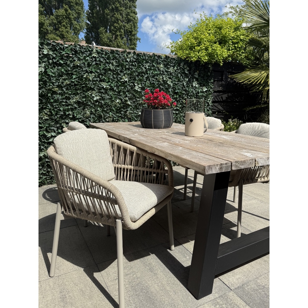 Lorento/Rico zand dining tuinset | 4 personen | travertin + touw | 200cm