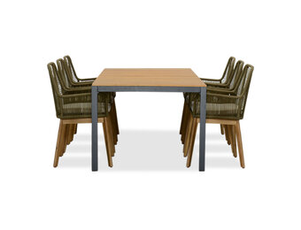 Delta/Padua olijfgroen dining tuinset | 6 personen | teakhout + touw | 220cm