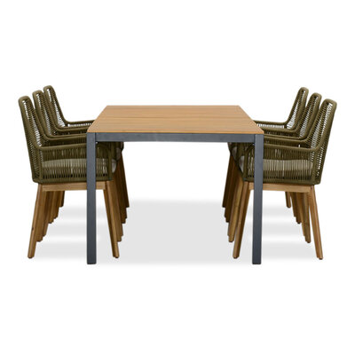 Delta/Padua olijfgroen dining tuinset | 6 personen | teakhout + touw | 220cm