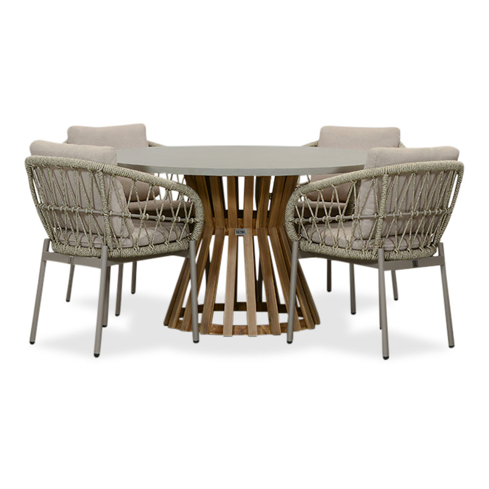 Elzas/Dakota beige dining tuinset | 4 personen | betonlook + touw | 135cm rond