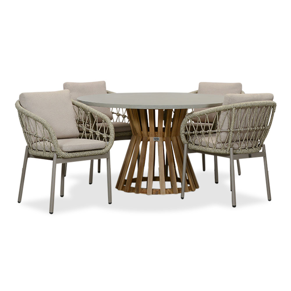 Elzas/Dakota beige dining tuinset | 4 personen | betonlook + touw | 135cm rond