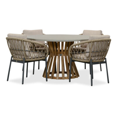 Elzas/Dakota beige/antraciet dining tuinset | 4 personen | betonlook + touw | 135cm rond