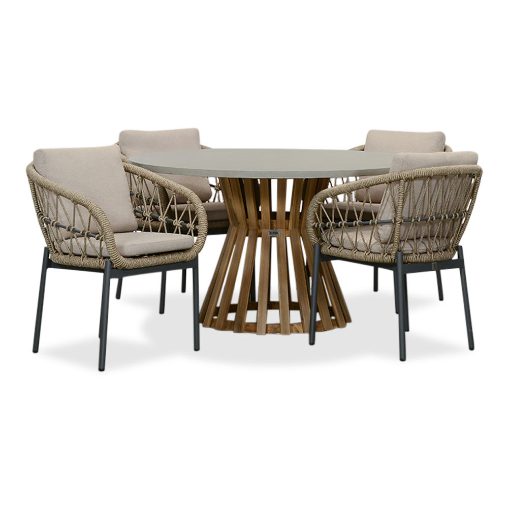 Elzas/Dakota beige/antraciet dining tuinset | 4 personen | betonlook + touw | 135cm rond