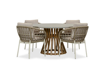 Elzas/Dakota beige/wit dining tuinset | 4 personen | betonlook + touw | 135cm rond
