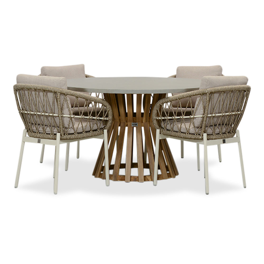 Elzas/Dakota beige/wit dining tuinset | 4 personen | betonlook + touw | 135cm rond afbeelding