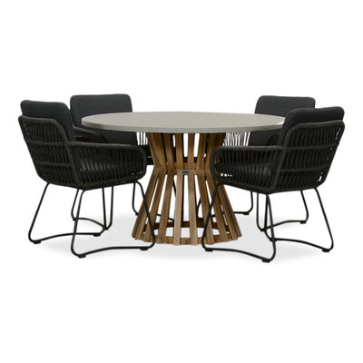 Elzas/Harper Lava Grey dining tuinset | 4 personen | betonlook + touw | 135cm rond