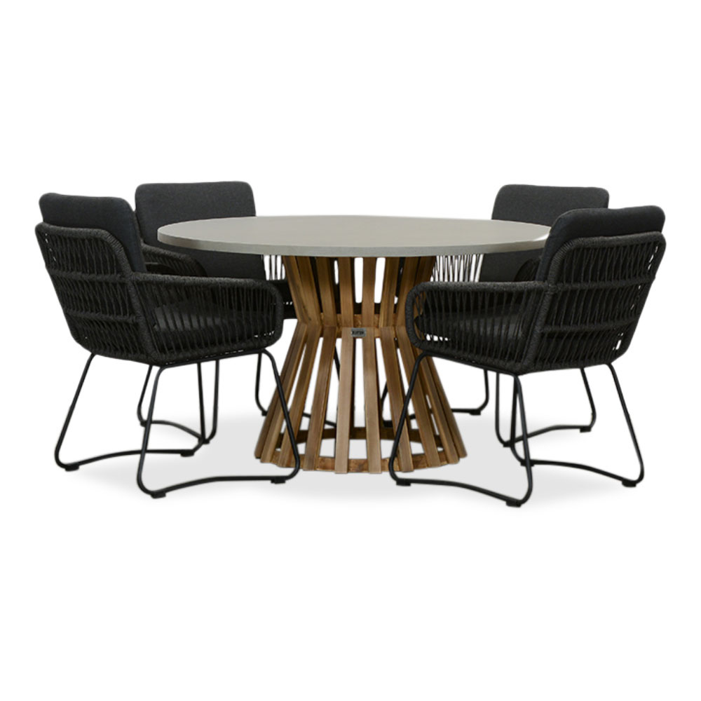 Elzas/Harper Lava Grey dining tuinset | 4 personen | betonlook + touw | 135cm rond