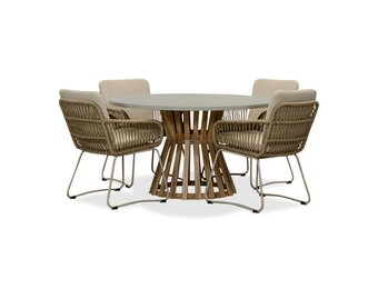 Elzas/Harper Sahara Dust dining tuinset | 4 personen | betonlook + touw | 135cm rond