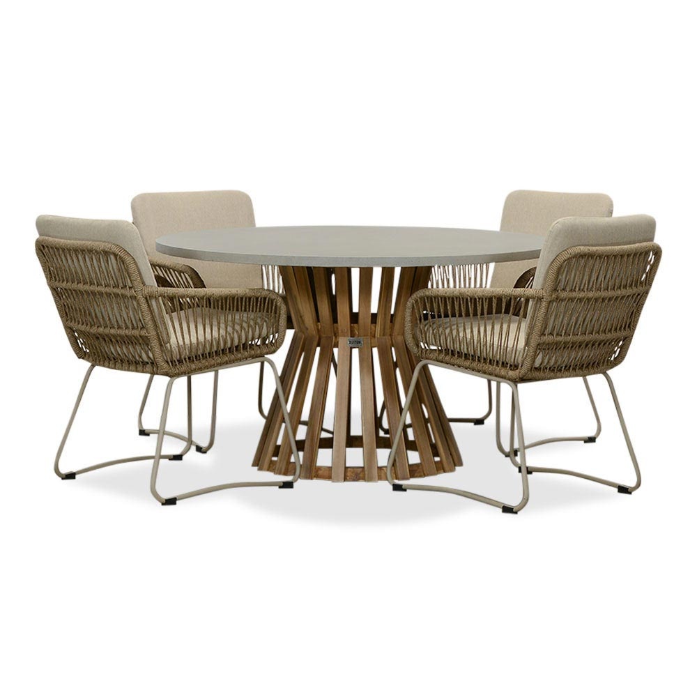 Elzas/Harper Sahara Dust dining tuinset | 4 personen | betonlook + touw | 135cm rond afbeelding