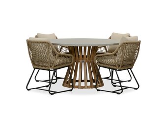 Elzas/Portofino Sahara Dust dining tuinset | 4 personen | betonlook + touw | 135cm rond