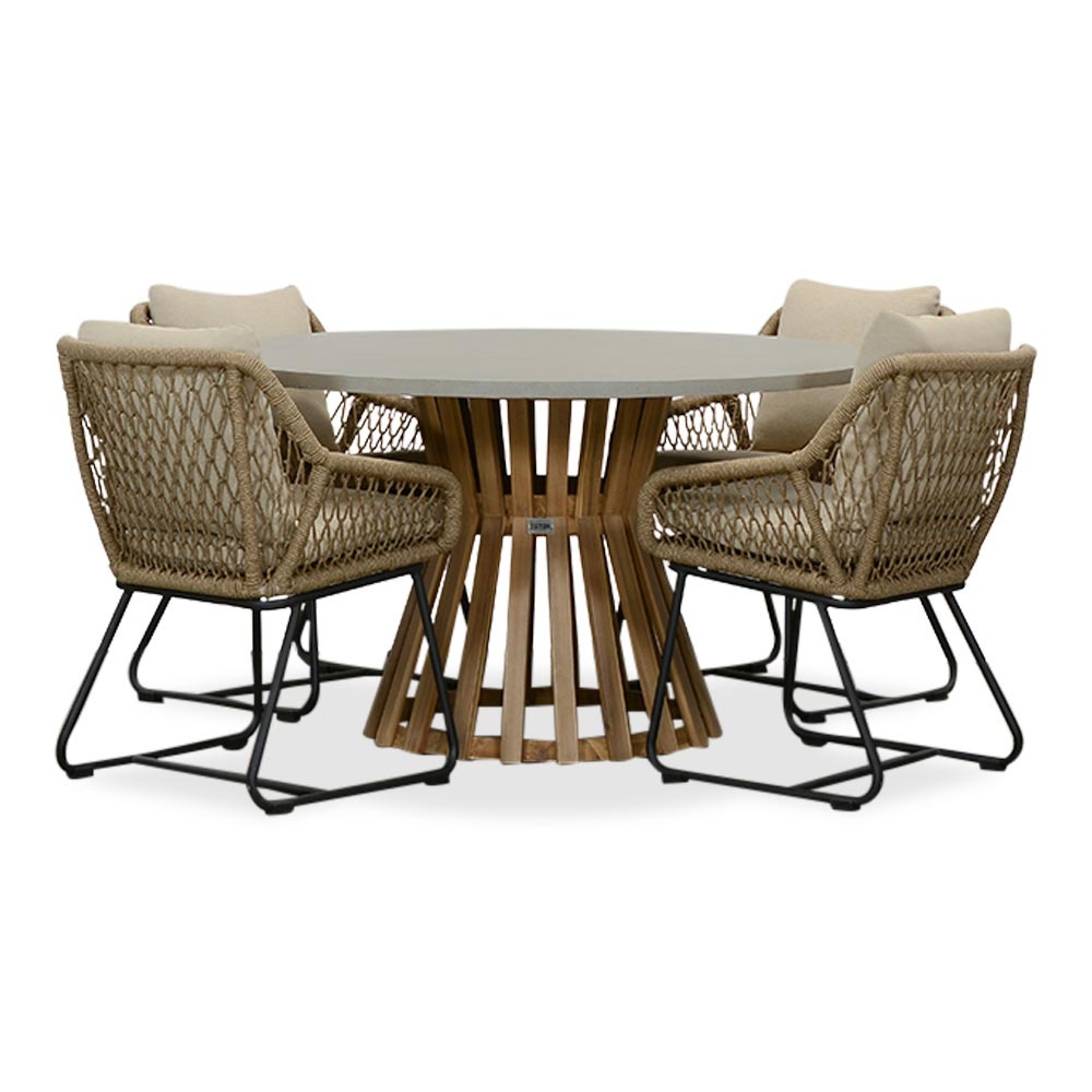 Elzas/Portofino Sahara Dust dining tuinset | 4 personen | betonlook + touw | 135cm rond