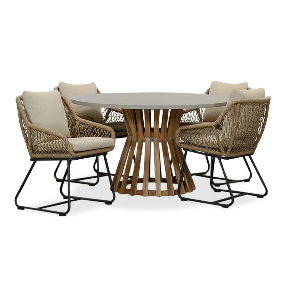Elzas/Portofino Sahara Dust dining tuinset | 4 personen | betonlook + touw | 135cm rond