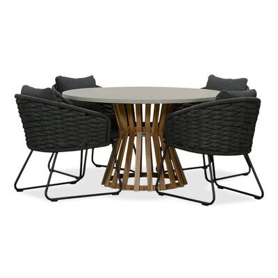 Elzas/Ropera Lava Grey dining tuinset | 4 personen | betonlook + touw | 135cm rond