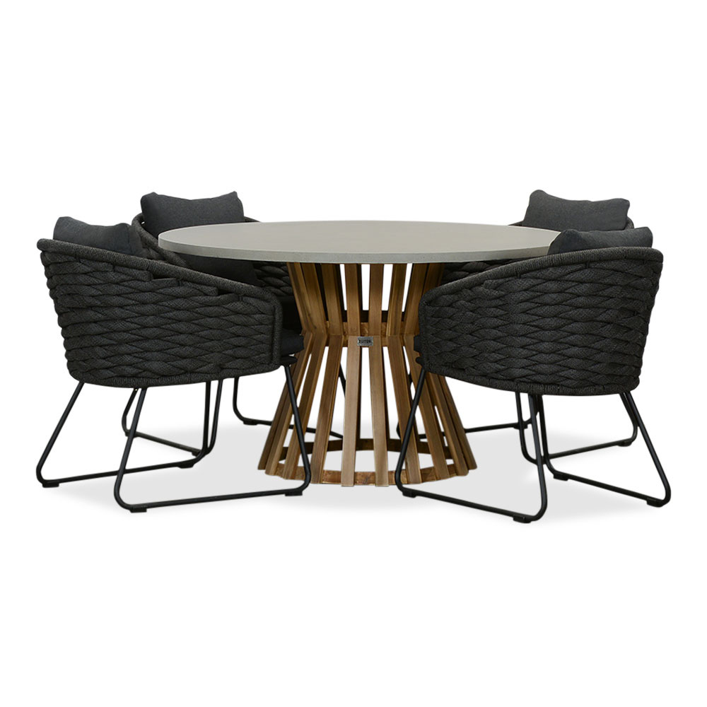 Elzas/Ropera Lava Grey dining tuinset | 4 personen | betonlook + touw | 135cm rond