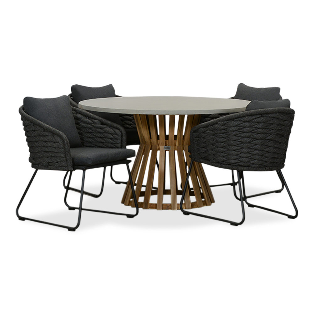 Elzas/Ropera Lava Grey dining tuinset | 4 personen | betonlook + touw | 135cm rond