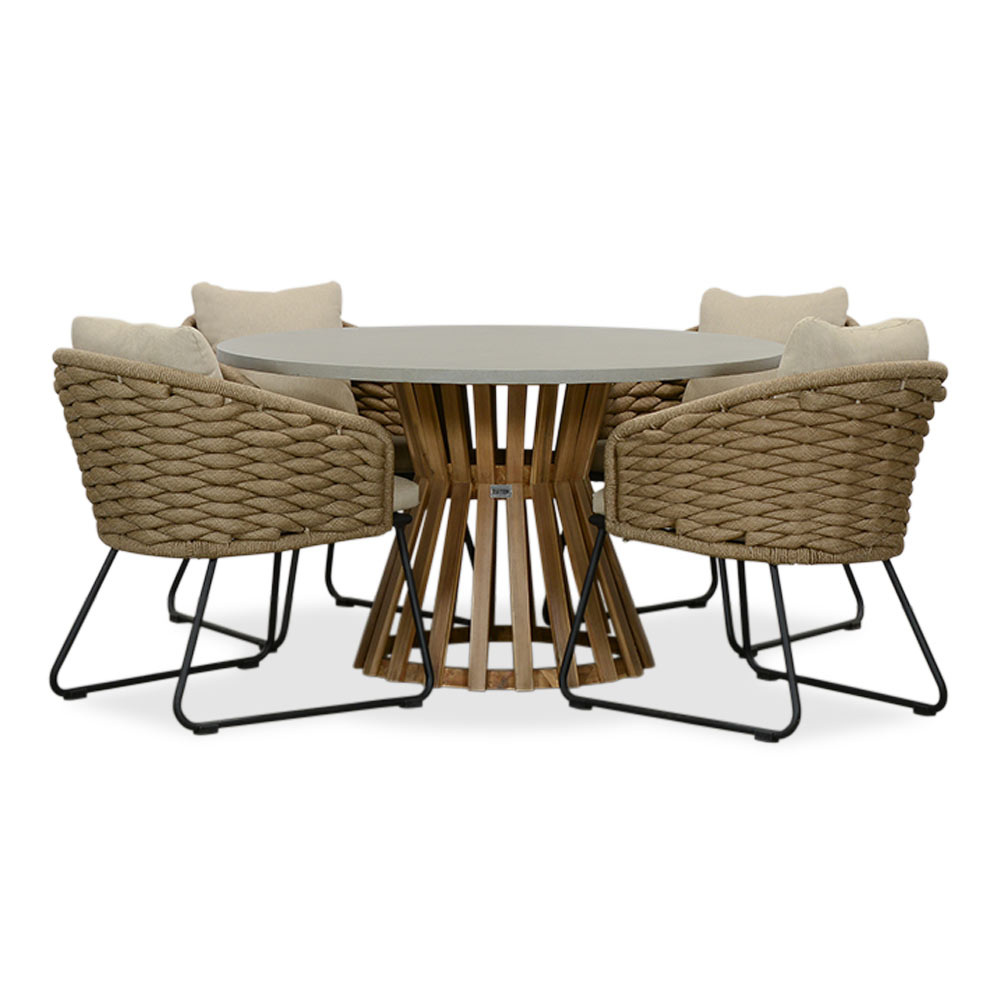 Elzas/Ropera Sahara Dust dining tuinset | 4 personen | betonlook + touw | 135cm rond