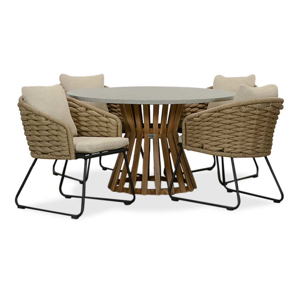 Elzas/Ropera Sahara Dust dining tuinset | 4 personen | betonlook + touw | 135cm rond