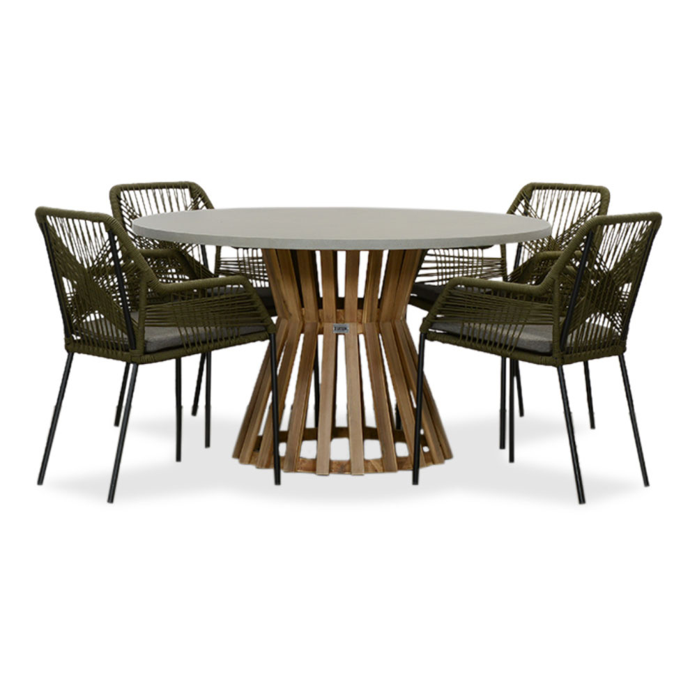 Elzas/Seville olijfgroen dining tuinset | 4 personen | betonlook + aluminium | 135cm rond