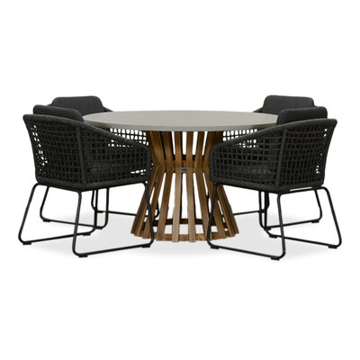 Elzas/Tulum Lava Grey dining tuinset | 4 personen | betonlook + touw | 135cm rond