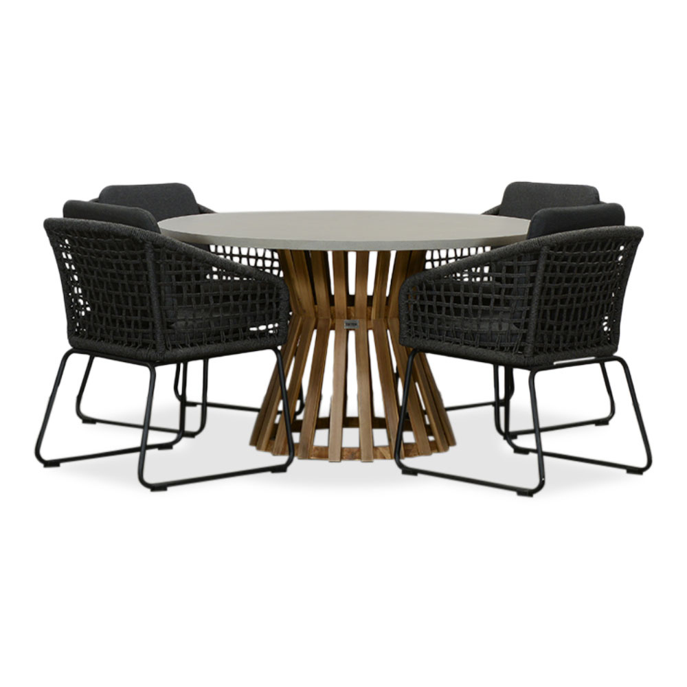 Elzas/Tulum Lava Grey dining tuinset | 4 personen | betonlook + touw | 135cm rond afbeelding