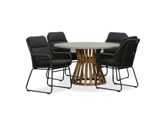 Elzas/Valencia Lava Grey dining tuinset | 4 personen | betonlook + touw | 135cm rond