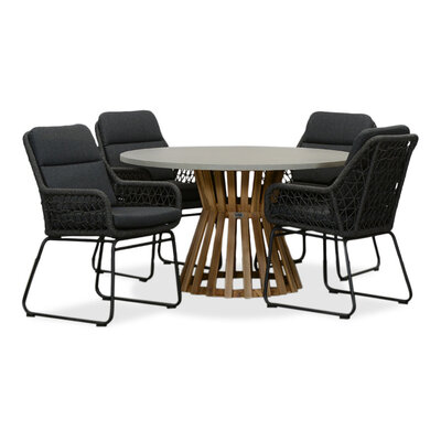 Elzas/Valencia Lava Grey dining tuinset | 4 personen | betonlook + touw | 135cm rond