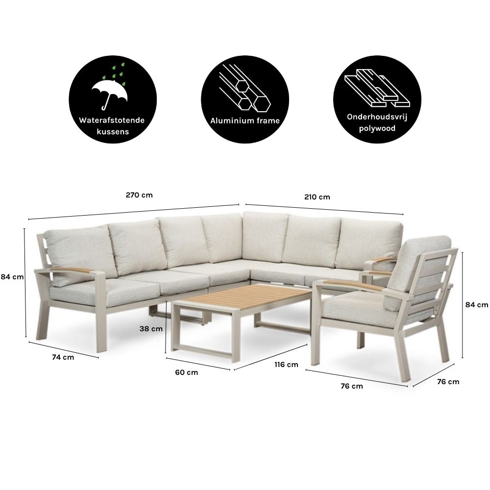 Seattle hoek loungeset met stoel 7 personen | aluminium + polywood | beige | 4-delig - 270x210cm