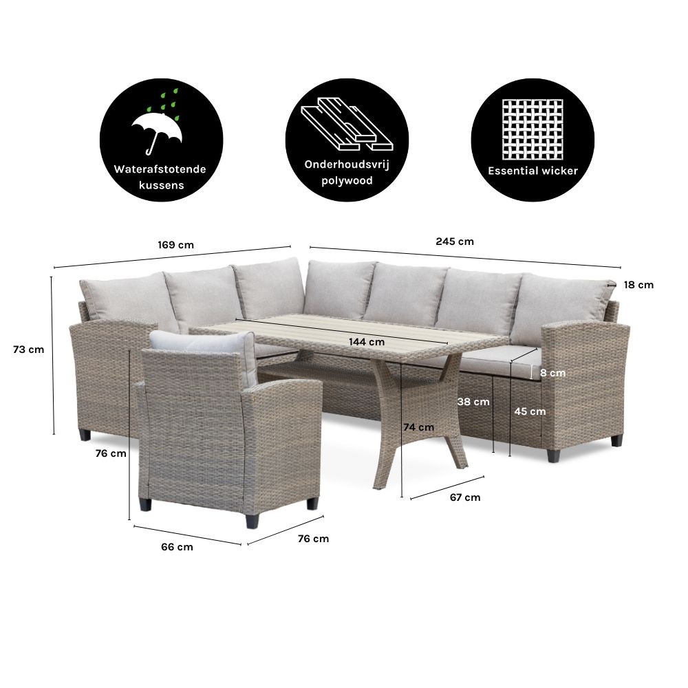 Stockholm dining loungeset met stoel 7 personen | wicker | zand | 4-delig - 245x169cm
