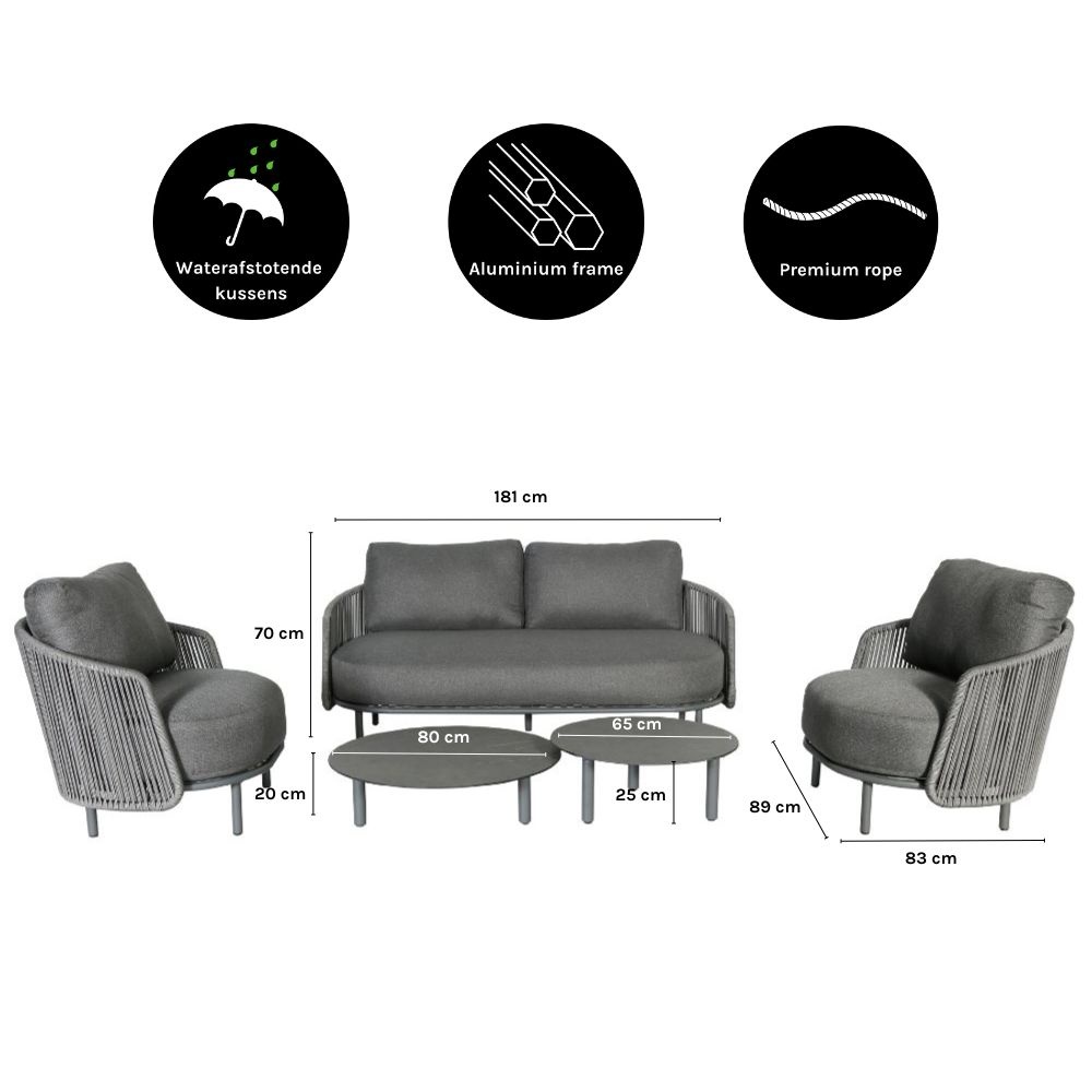Orly stoel-bank loungeset 4 personen | aluminium | antraciet | 5-delig