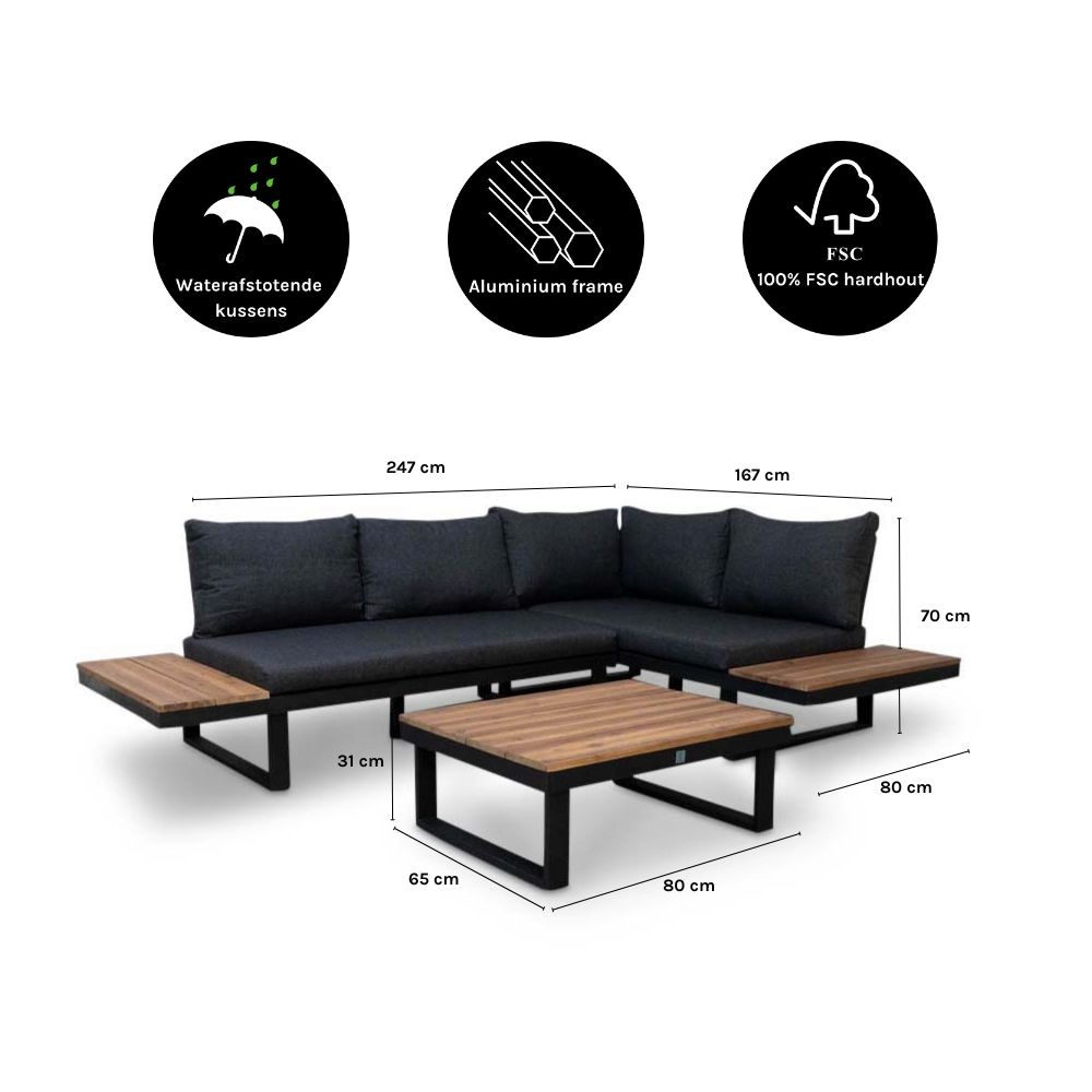 Titan hoek loungeset 4 personen | aluminium + hardhout | Light teaklook | 3-delig - 247x167cm