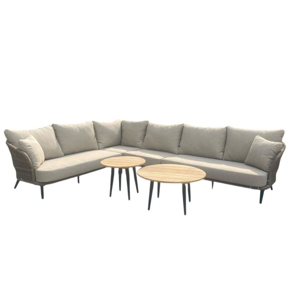 Palermo hoek loungeset met tussenmodule & teak tafels 6 personen | aluminium + touw | Sahara Dust | 7-delig - 230x294cm