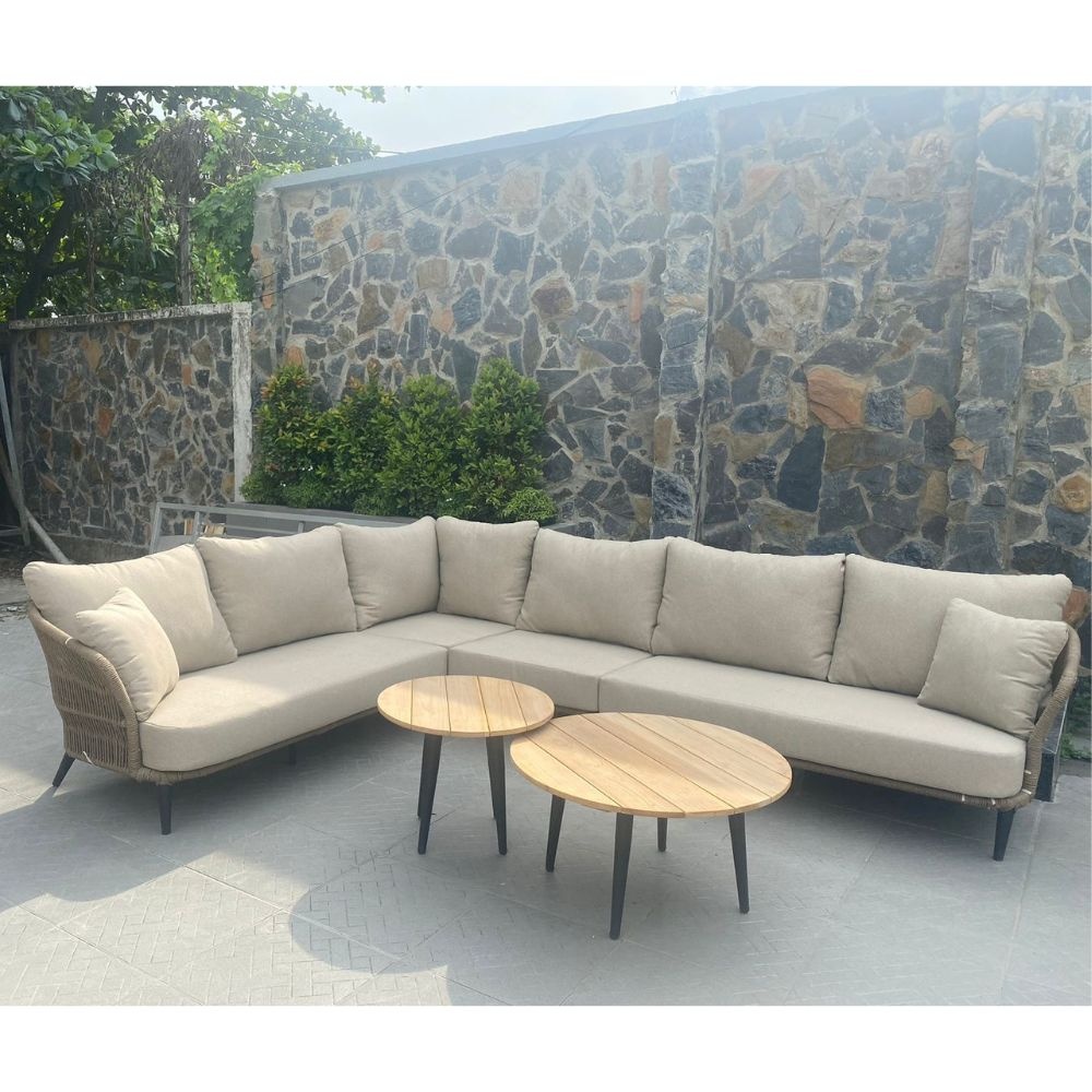 Palermo hoek loungeset met tussenmodule & teak tafels 6 personen | aluminium + touw | Sahara Dust | 7-delig - 230x294cm