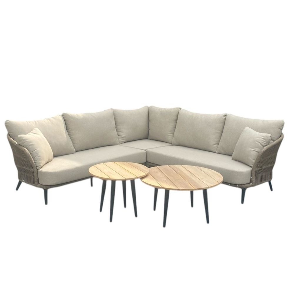 Palermo hoek loungeset met tussenmodule & teak tafels 6 personen | aluminium + touw | Sahara Dust | 7-delig - 230x294cm