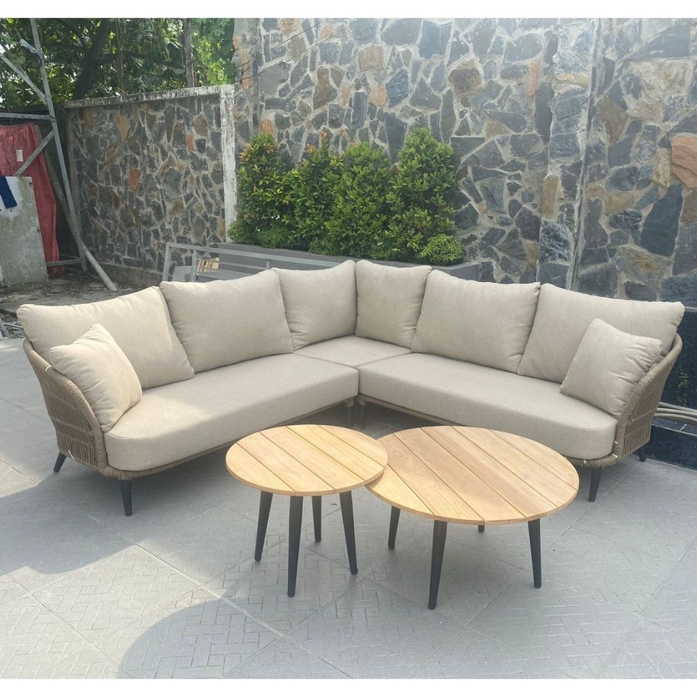 Palermo hoek loungeset met teak tafels 5 personen | aluminium + touw | Sahara Dust | 6-delig - 230x230cm
