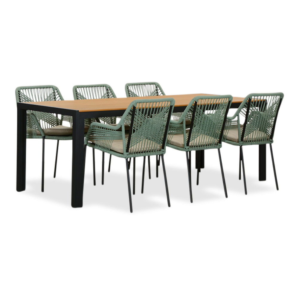 Manchester Natural/Seville mint dining tuinset | 6 personen | polywood + touw | 205cm afbeelding