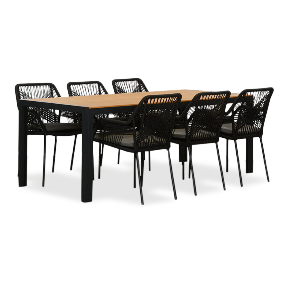 Manchester Natural/Seville zwart dining tuinset | 6 personen | polywood + touw | 205cm
